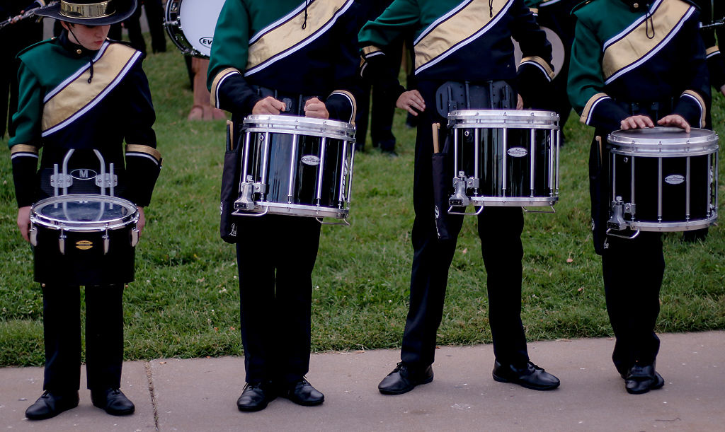 Members of the Rock Bridge drumline wait for a cue